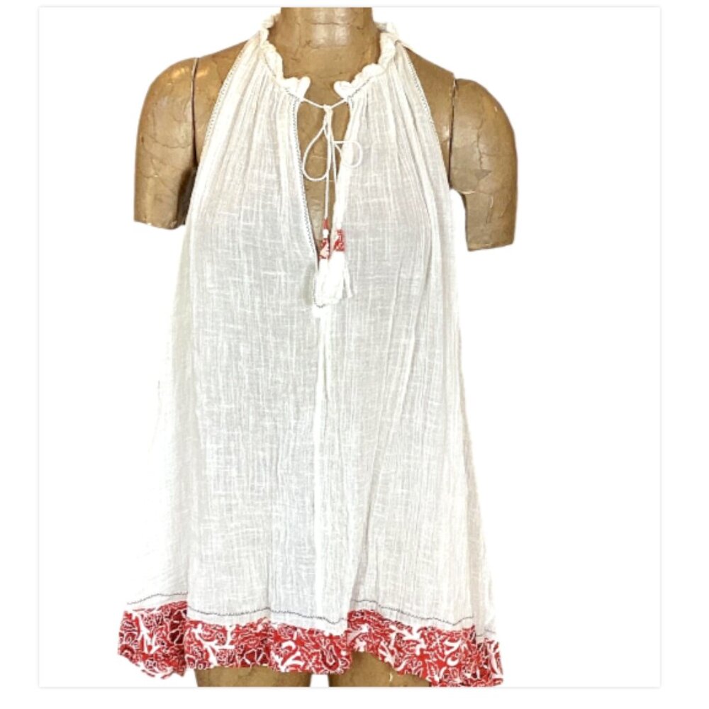 Free People Feel The Heat Gauze Tunic Top XS White &‎ Red #151V - Picture 2 of 11